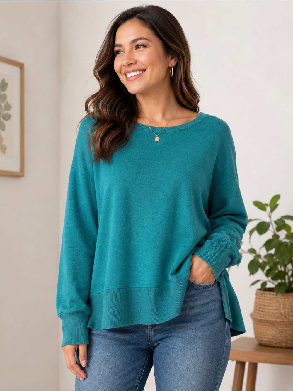 L.L. Bean Teal Relaxed Scoop-Neck Long Sleeve Sweater shirt Size XL